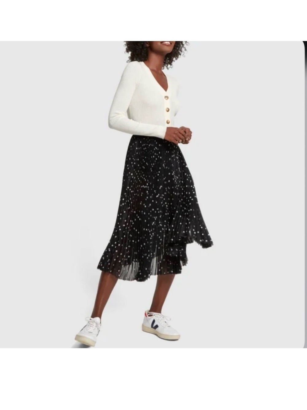 KHAITE Black Pleated Midi Skirt with White Dot Print
